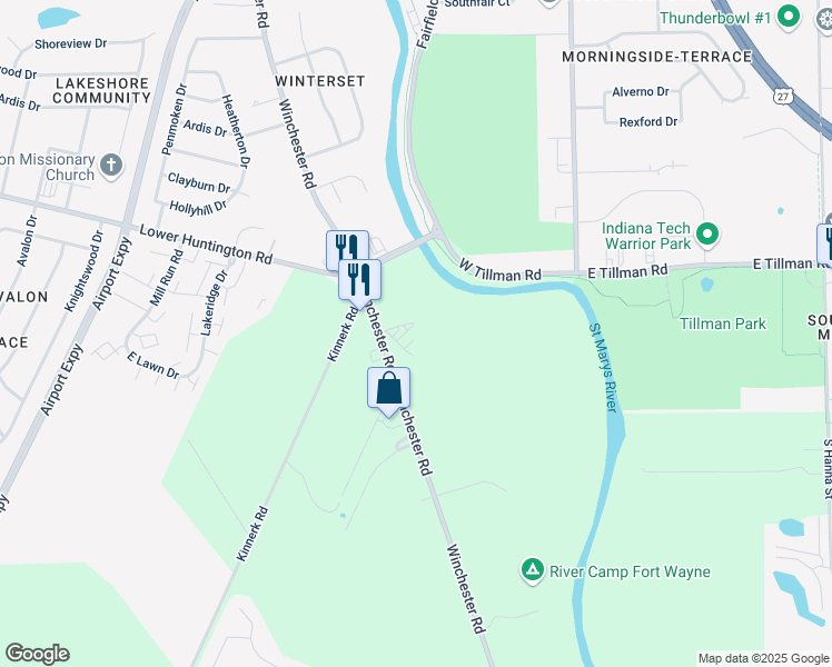 map of restaurants, bars, coffee shops, grocery stores, and more near 7515 Winchester Road in Fort Wayne