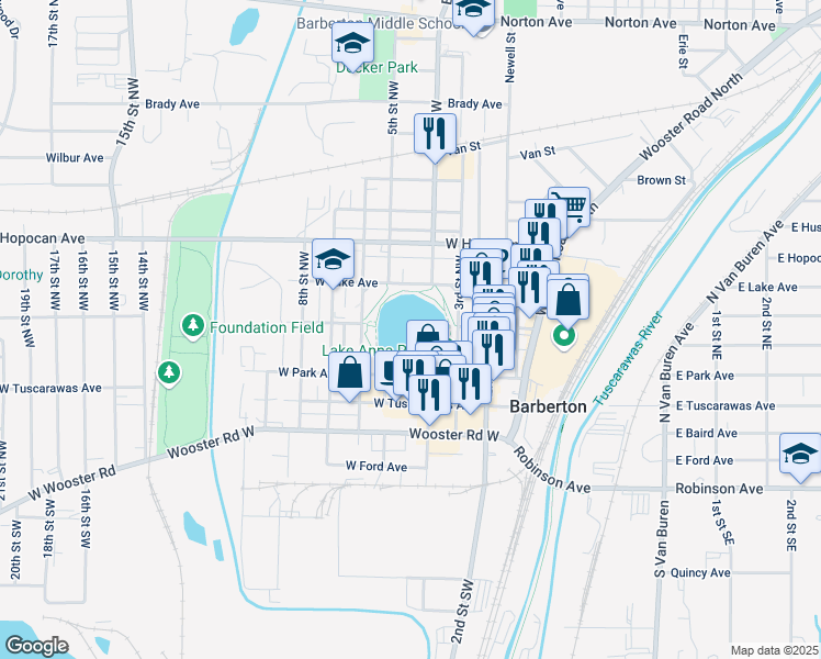 map of restaurants, bars, coffee shops, grocery stores, and more near 535 West Park Avenue in Barberton