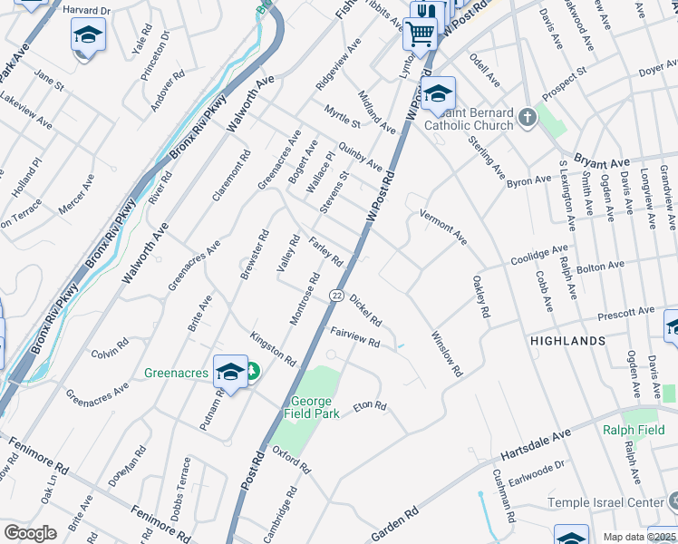 map of restaurants, bars, coffee shops, grocery stores, and more near 1A Dickel Road in Scarsdale