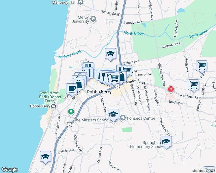 map of restaurants, bars, coffee shops, grocery stores, and more near 17 Cedar Street in Dobbs Ferry