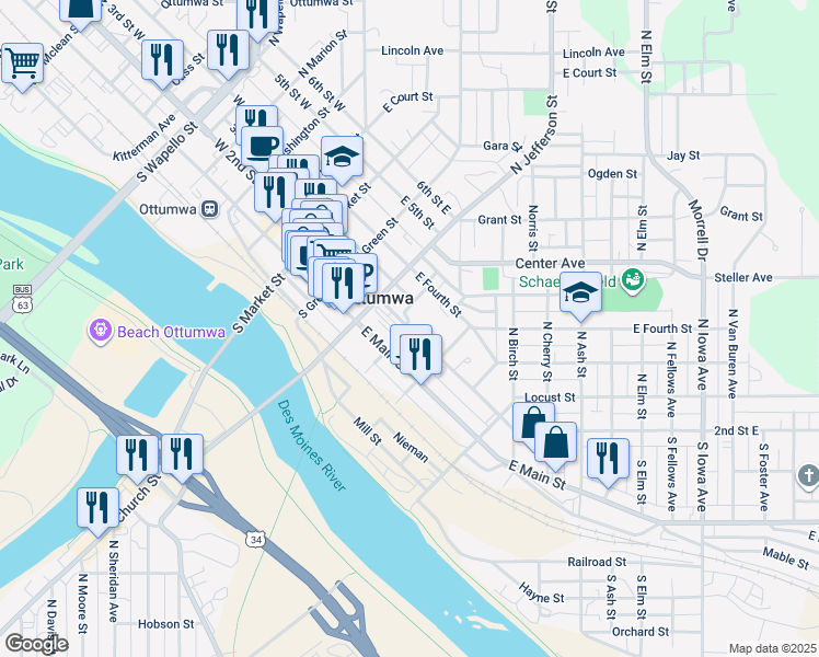 map of restaurants, bars, coffee shops, grocery stores, and more near 501 2nd Street East in Ottumwa