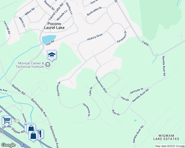 map of restaurants, bars, coffee shops, grocery stores, and more near 181 Woodcrest Boulevard in Stroudsburg
