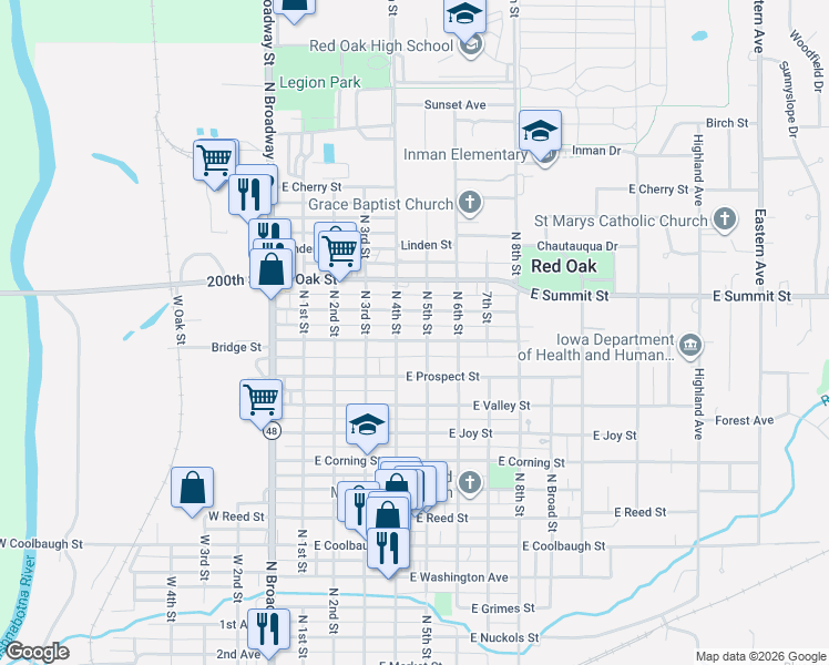 map of restaurants, bars, coffee shops, grocery stores, and more near 1104 North 4th Street in Red Oak