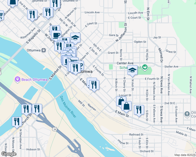 map of restaurants, bars, coffee shops, grocery stores, and more near 501 2nd Street East in Ottumwa