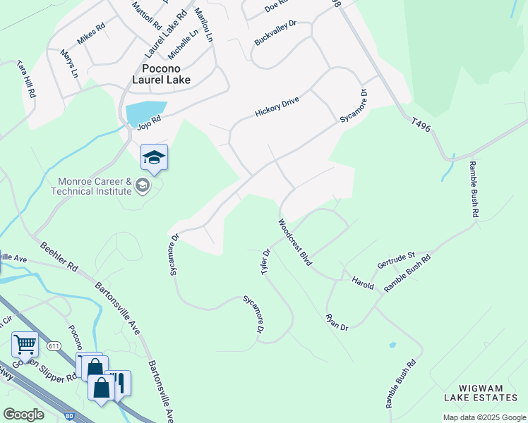 map of restaurants, bars, coffee shops, grocery stores, and more near 181 Woodcrest Boulevard in Stroudsburg
