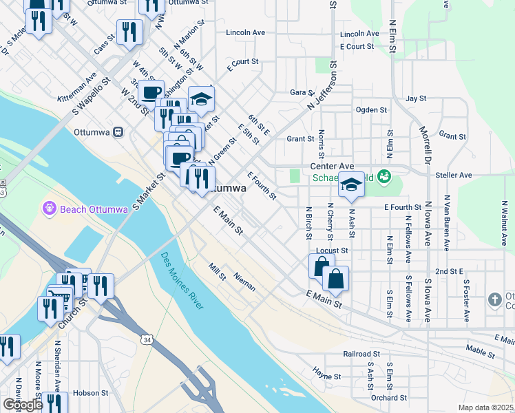 map of restaurants, bars, coffee shops, grocery stores, and more near 501 2nd Street East in Ottumwa