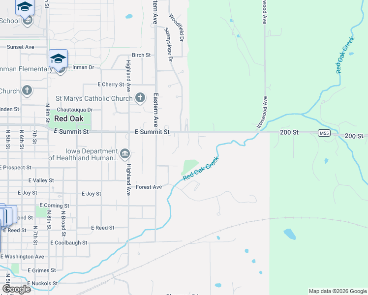 map of restaurants, bars, coffee shops, grocery stores, and more near 1660 East Summit Street in Red Oak