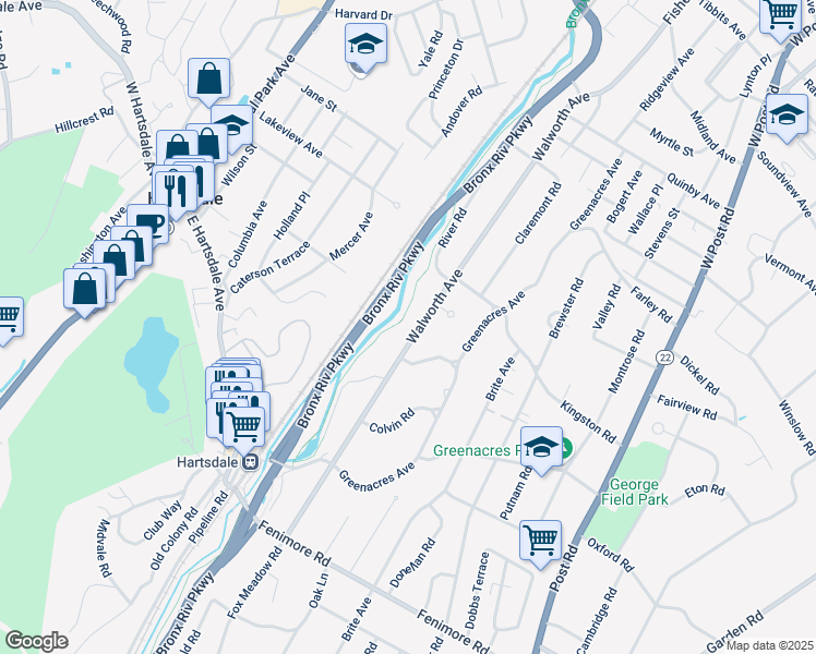 map of restaurants, bars, coffee shops, grocery stores, and more near 55 Walworth Avenue in Scarsdale