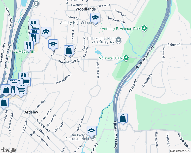 map of restaurants, bars, coffee shops, grocery stores, and more near 9 Windsong Road in Ardsley