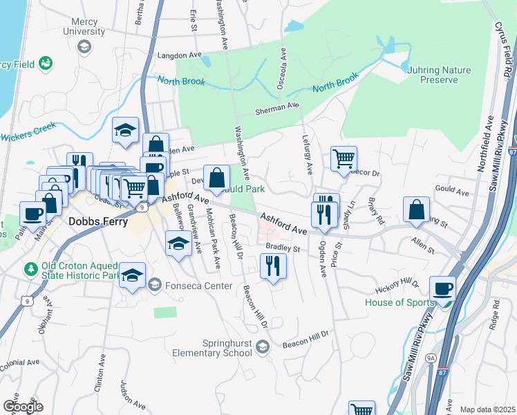 map of restaurants, bars, coffee shops, grocery stores, and more near 12 South Washington Avenue in Dobbs Ferry