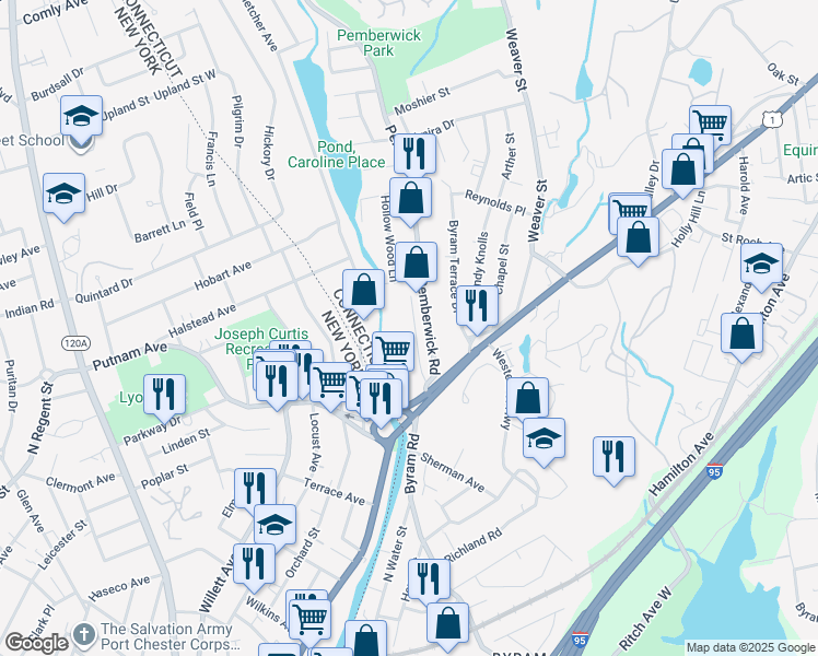 map of restaurants, bars, coffee shops, grocery stores, and more near 10 Pemberwick Road in Greenwich