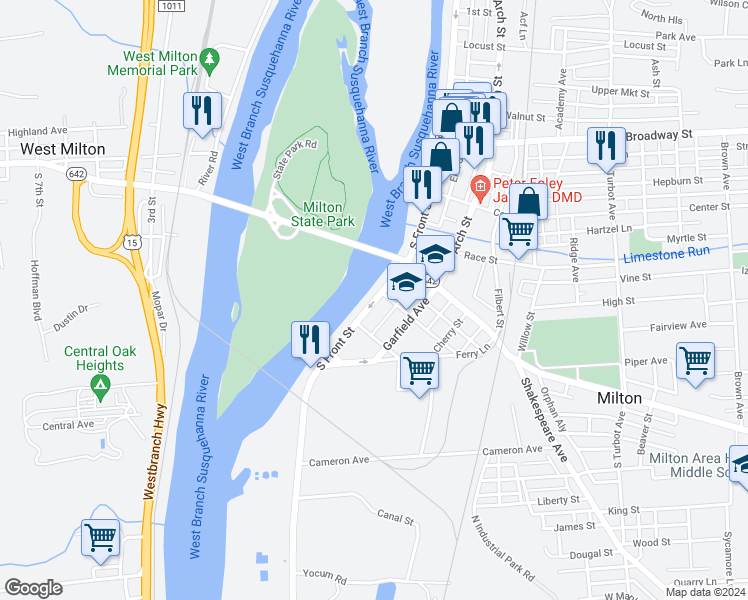 map of restaurants, bars, coffee shops, grocery stores, and more near 347-399 South Front Street in Milton