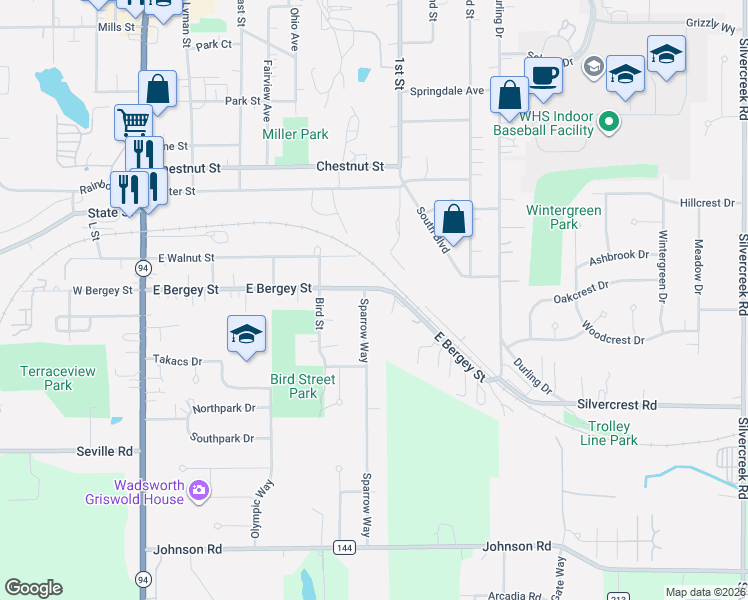 map of restaurants, bars, coffee shops, grocery stores, and more near 487C Sparrow Way in Wadsworth