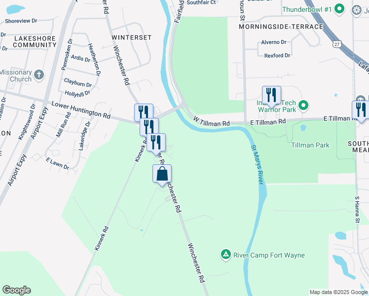 map of restaurants, bars, coffee shops, grocery stores, and more near 7515 Winchester Road in Fort Wayne