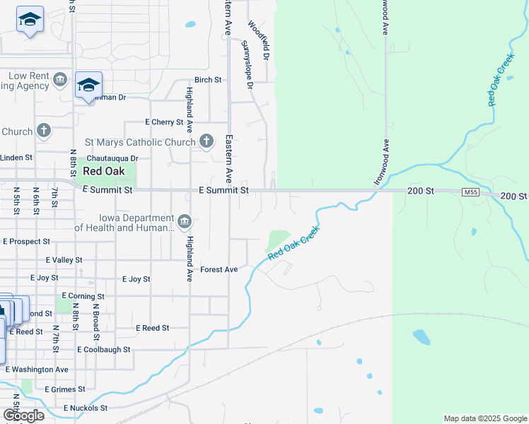 map of restaurants, bars, coffee shops, grocery stores, and more near 1700 East Summit Street in Red Oak