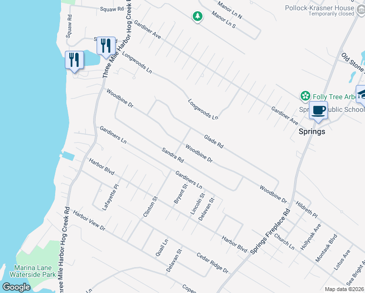 map of restaurants, bars, coffee shops, grocery stores, and more near 45 Sandra Road in East Hampton