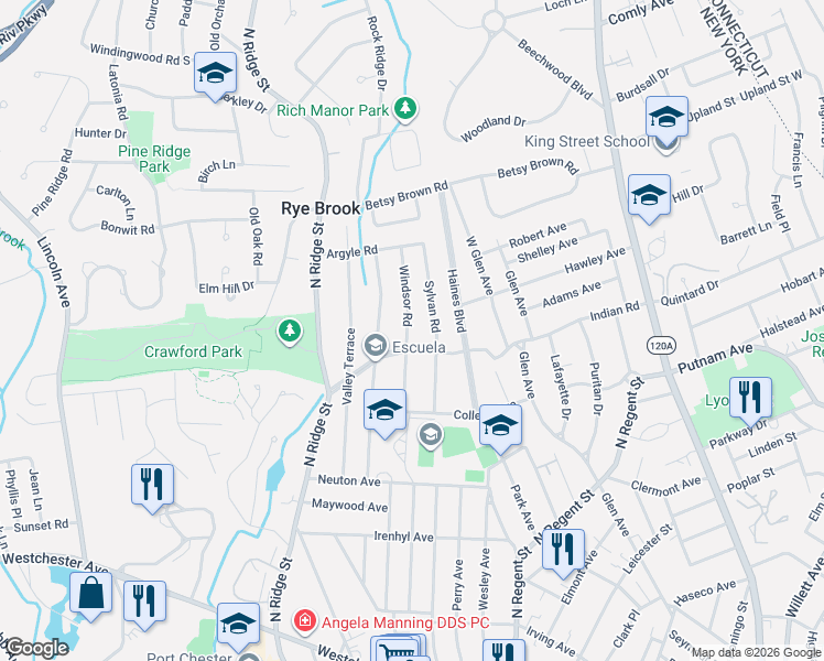 map of restaurants, bars, coffee shops, grocery stores, and more near 18 Ridge Boulevard in Rye Brook