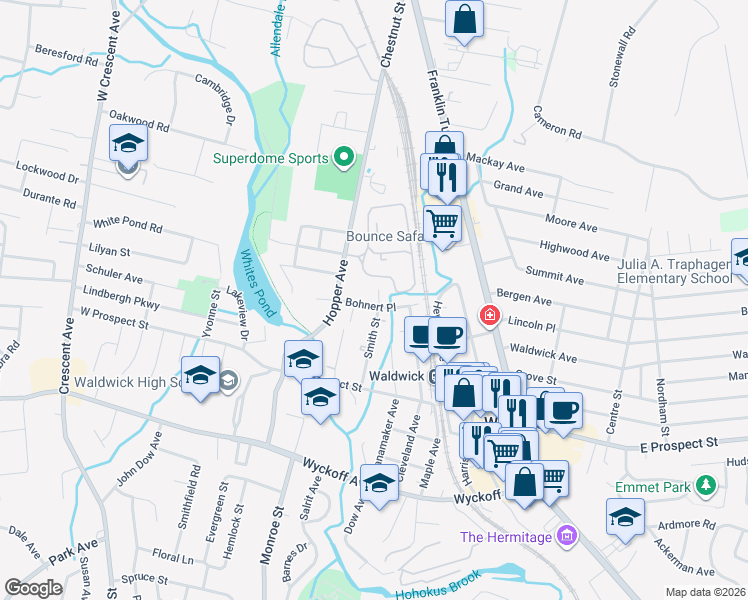 map of restaurants, bars, coffee shops, grocery stores, and more near 31 Smith Street in Waldwick