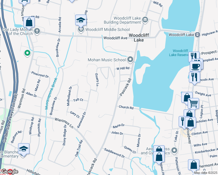 map of restaurants, bars, coffee shops, grocery stores, and more near 6 Dogwood Lane in Woodcliff Lake