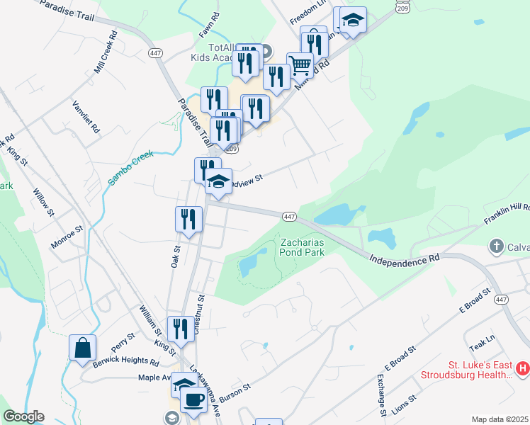 map of restaurants, bars, coffee shops, grocery stores, and more near 26 Independence Road in East Stroudsburg