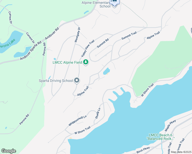 map of restaurants, bars, coffee shops, grocery stores, and more near 225 Alpine Trail in Sparta