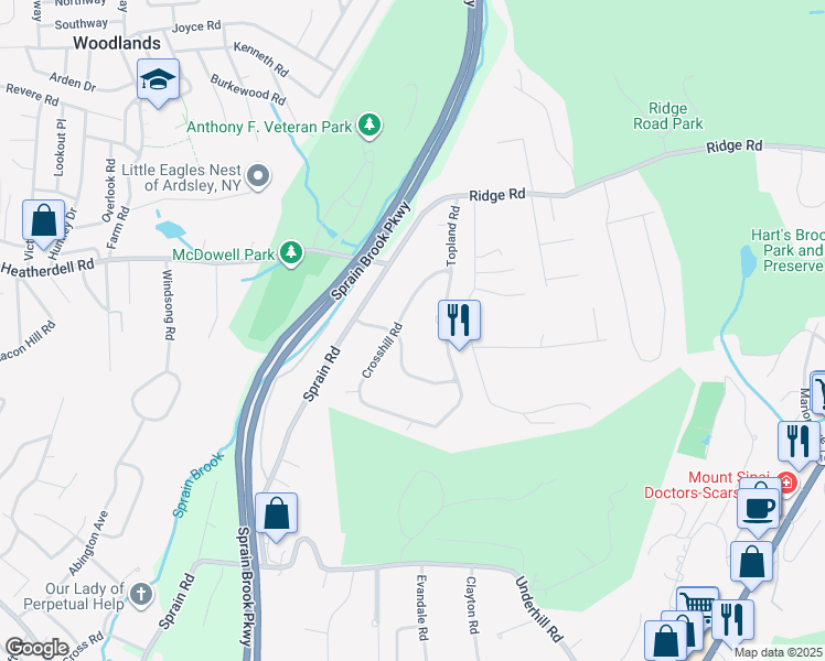 map of restaurants, bars, coffee shops, grocery stores, and more near 19 Crosshill Road in Hartsdale