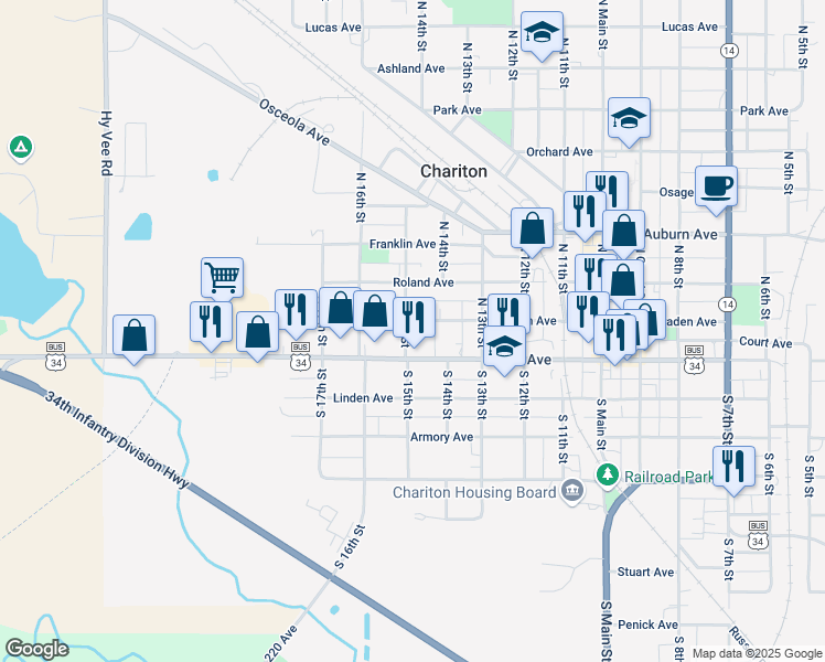 map of restaurants, bars, coffee shops, grocery stores, and more near 1401 Braden Avenue in Chariton
