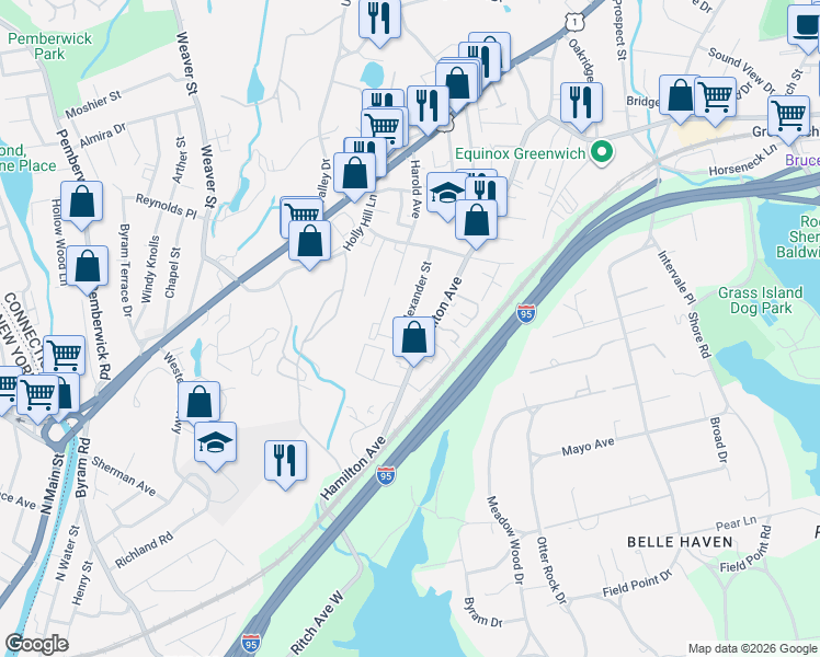 map of restaurants, bars, coffee shops, grocery stores, and more near 44 Gerry Street in Greenwich
