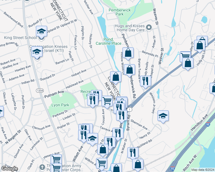 map of restaurants, bars, coffee shops, grocery stores, and more near 901 Davis Avenue in Greenwich