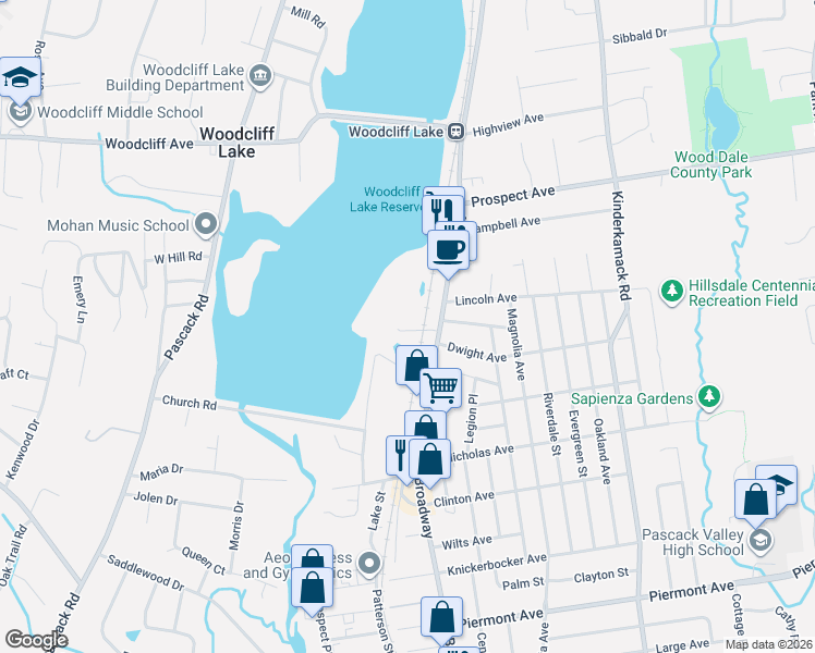map of restaurants, bars, coffee shops, grocery stores, and more near 47 Broadway in Woodcliff Lake
