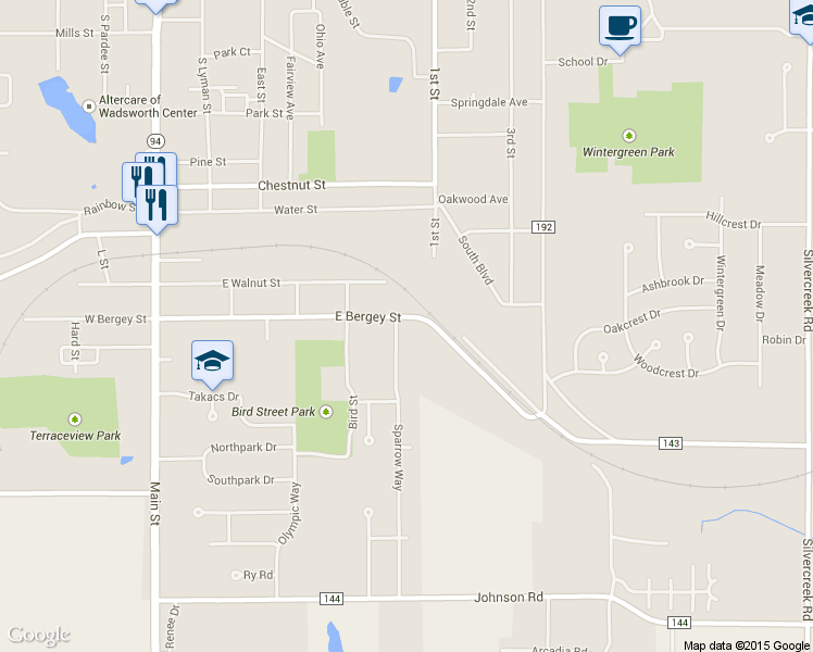 map of restaurants, bars, coffee shops, grocery stores, and more near 368 East Bergey Street in Wadsworth