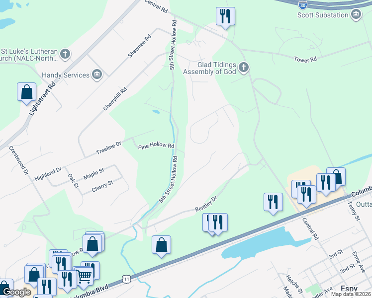 map of restaurants, bars, coffee shops, grocery stores, and more near 33 Crestmont Cir in Bloomsburg