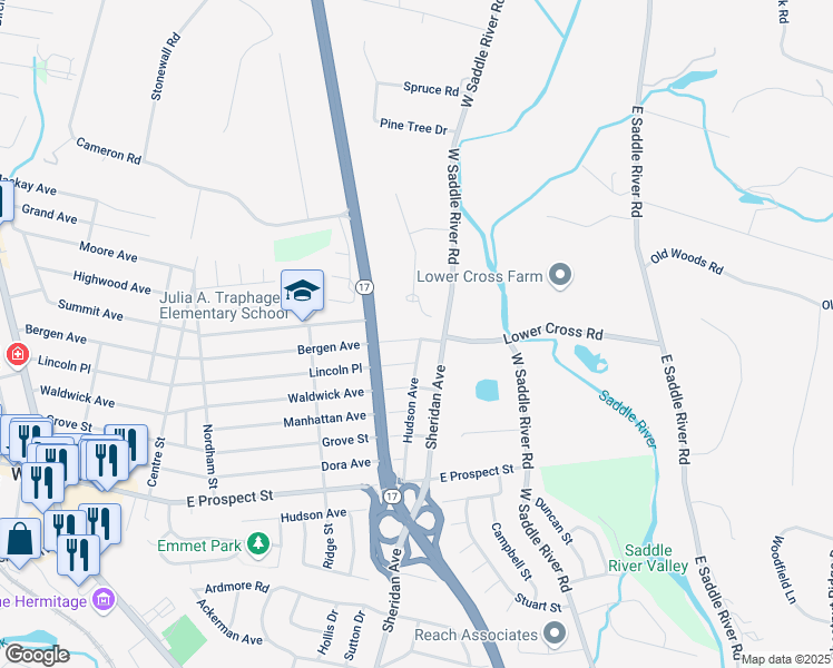 map of restaurants, bars, coffee shops, grocery stores, and more near 14 Adams Road in Saddle River