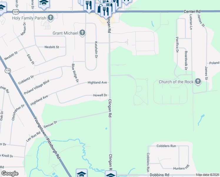 map of restaurants, bars, coffee shops, grocery stores, and more near 6953-6999 Clingan Road in Youngstown