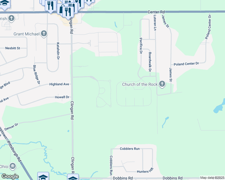 map of restaurants, bars, coffee shops, grocery stores, and more near 7007 Clingan Road in Poland