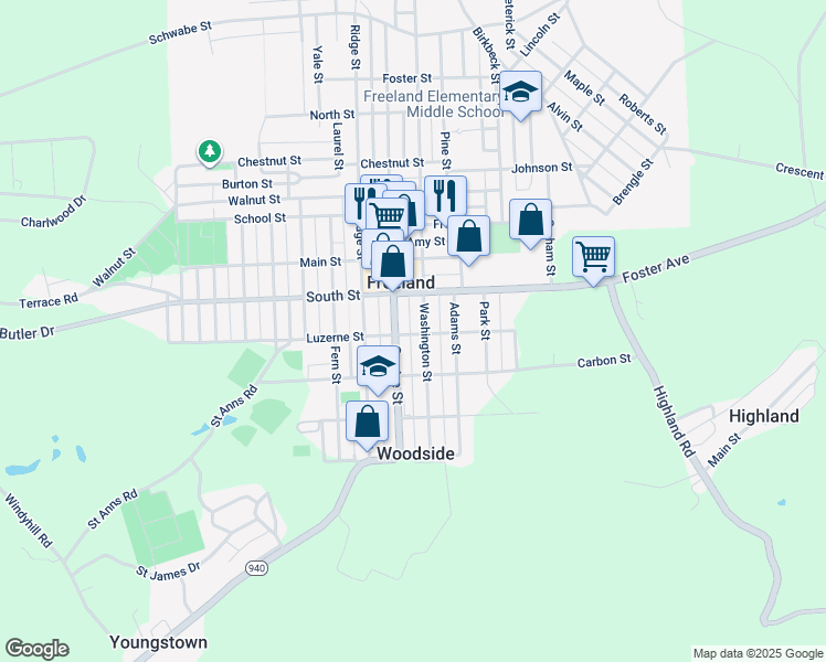 map of restaurants, bars, coffee shops, grocery stores, and more near 707 Luzerne Street in Freeland