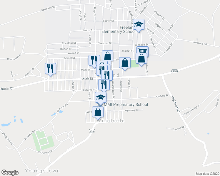 map of restaurants, bars, coffee shops, grocery stores, and more near 707 Luzerne Street in Freeland