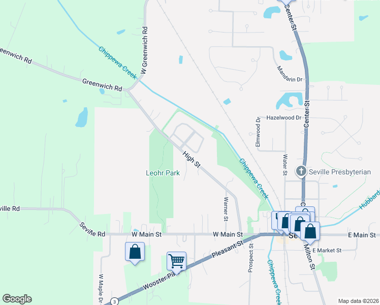 map of restaurants, bars, coffee shops, grocery stores, and more near 9487 Shawnee Path Lane in Seville