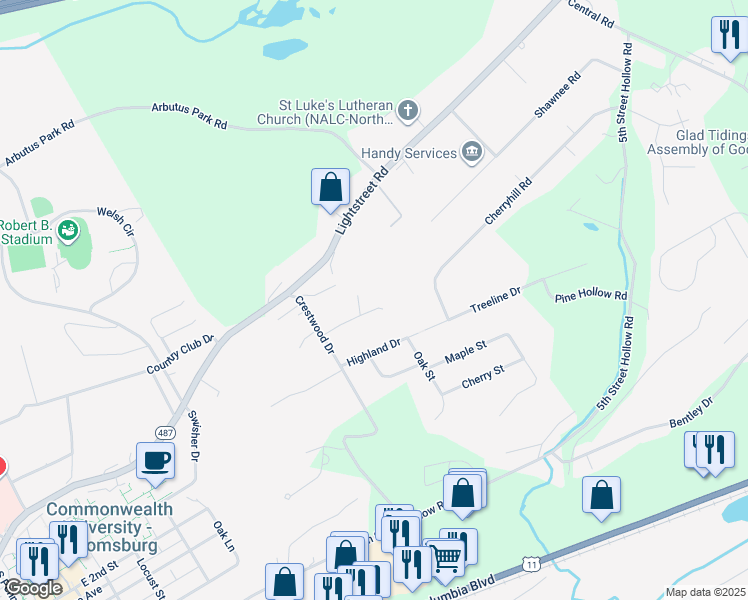 map of restaurants, bars, coffee shops, grocery stores, and more near 1207 Seneca Road in Bloomsburg