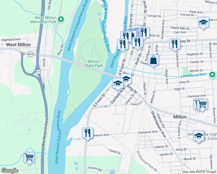 map of restaurants, bars, coffee shops, grocery stores, and more near 230-298 S Front St in Milton