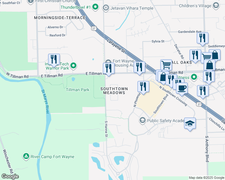 map of restaurants, bars, coffee shops, grocery stores, and more near 715 North Melody Circle in Fort Wayne