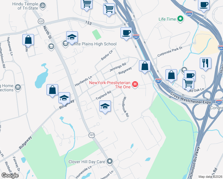 map of restaurants, bars, coffee shops, grocery stores, and more near 81 Kass Road in White Plains