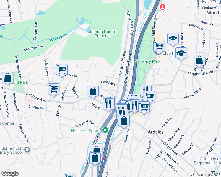 map of restaurants, bars, coffee shops, grocery stores, and more near 53 Gould Avenue in Dobbs Ferry