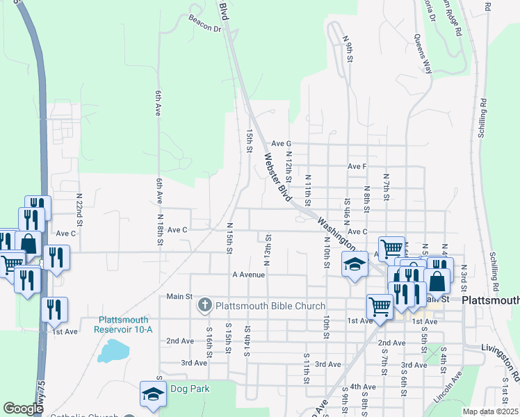 map of restaurants, bars, coffee shops, grocery stores, and more near 1300 Avenue D in Plattsmouth