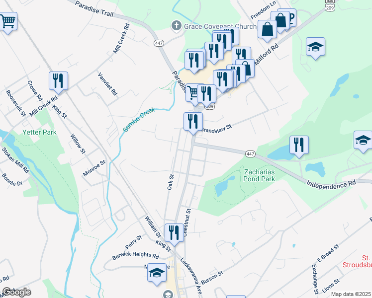 map of restaurants, bars, coffee shops, grocery stores, and more near 605 North Courtland Street in East Stroudsburg