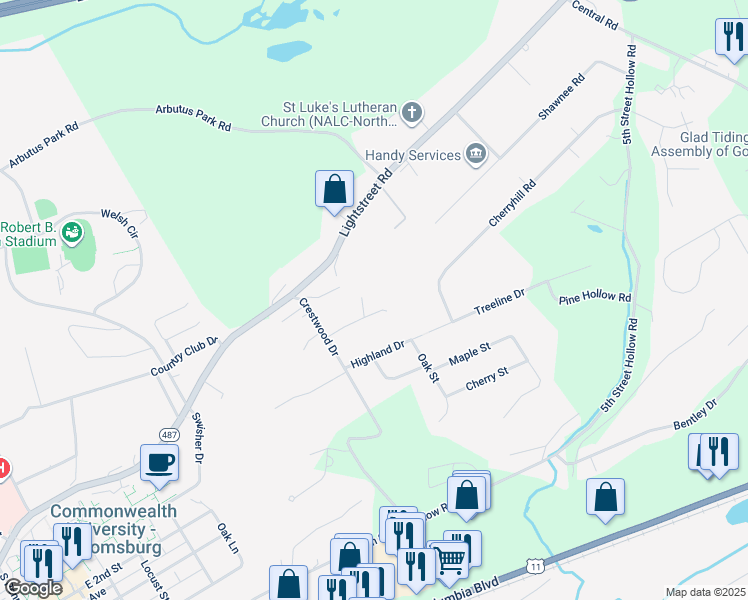 map of restaurants, bars, coffee shops, grocery stores, and more near 1207 Seneca Road in Bloomsburg