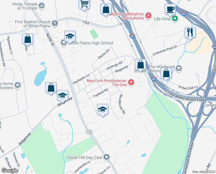 map of restaurants, bars, coffee shops, grocery stores, and more near 81 Kass Road in White Plains