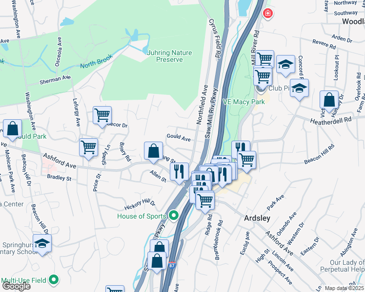 map of restaurants, bars, coffee shops, grocery stores, and more near 53 Gould Avenue in Dobbs Ferry