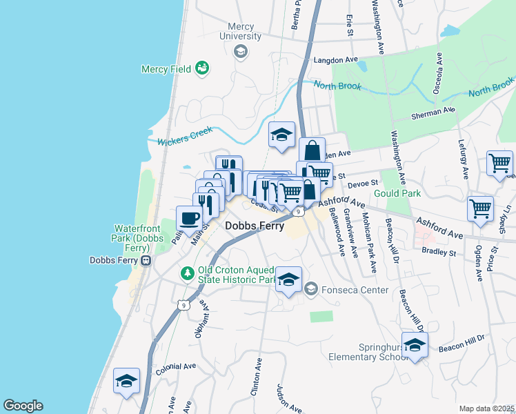 map of restaurants, bars, coffee shops, grocery stores, and more near 41 Cedar Street in Dobbs Ferry