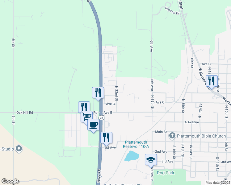 map of restaurants, bars, coffee shops, grocery stores, and more near 504 North 22nd Street in Plattsmouth